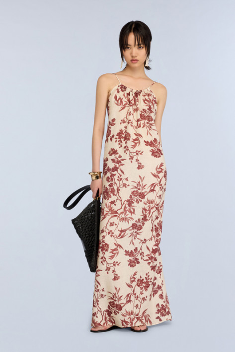 Semicouture Leinenkleid Flower - beige/bordeaux