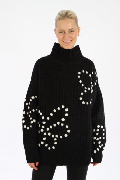 Bloom Long Highneck Pullover Flower - black/offwhite