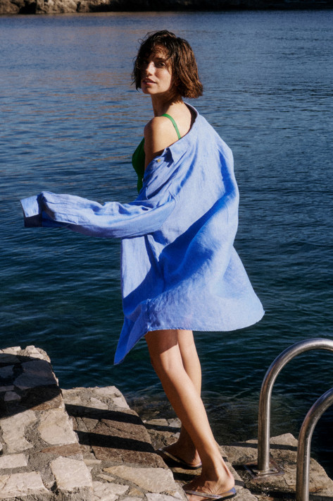 0039 Italy Leinen-Longbluse Tahia - blue