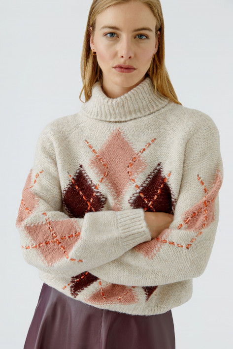 Oui Rauten-Rollkragen Pullover - lightstone/red