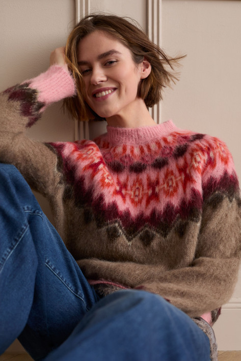 Oui Norweger-Pullover - lighbrown/rose/bordeaux