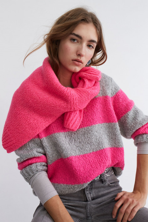 Oui Pulli Stripe - neonpink/gey