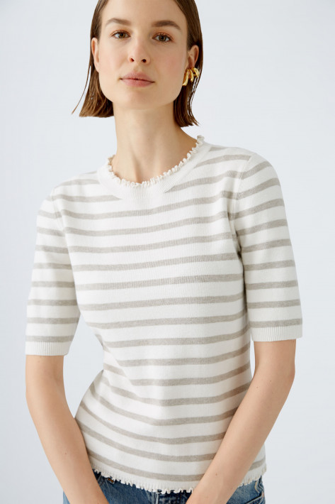 Oui Kurzarm-Pullover Ringel - offwhite brown