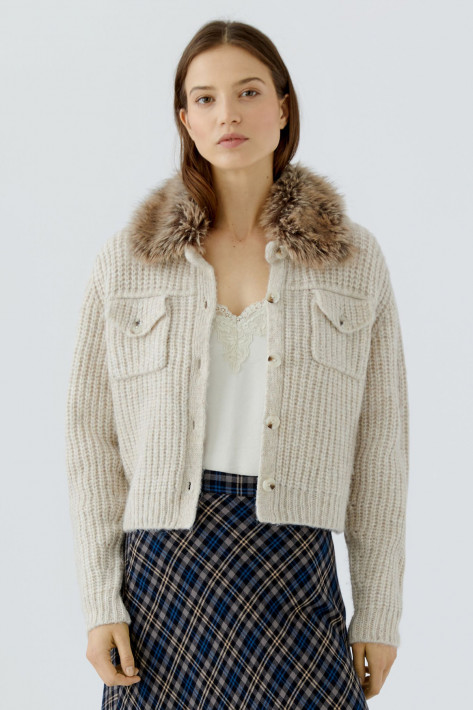 Oui Cardigan Fake-Fur-Kragen - sand mel