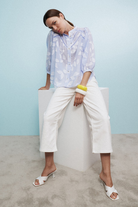 0039 Italy Bluse FAVIOLA FANCY Leaf-Print - Stripe lightblue/white