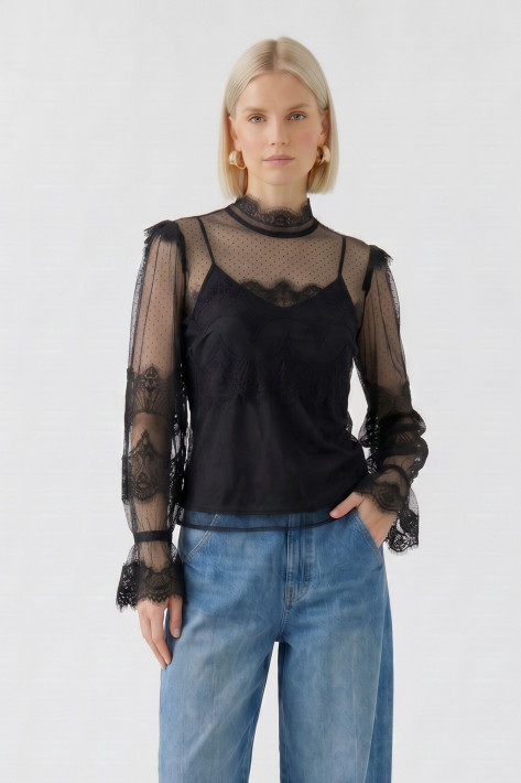 Oui Spitzen-Blusenshirt - black