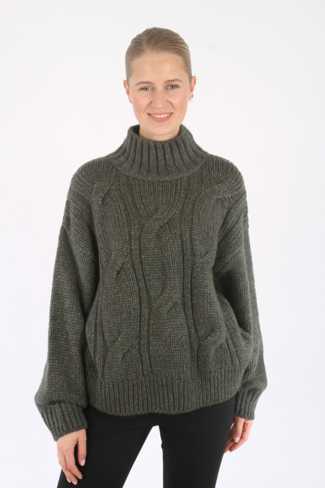 Juvia Merino Mix Turtleneck Cable Sweater Meline- burnt olive